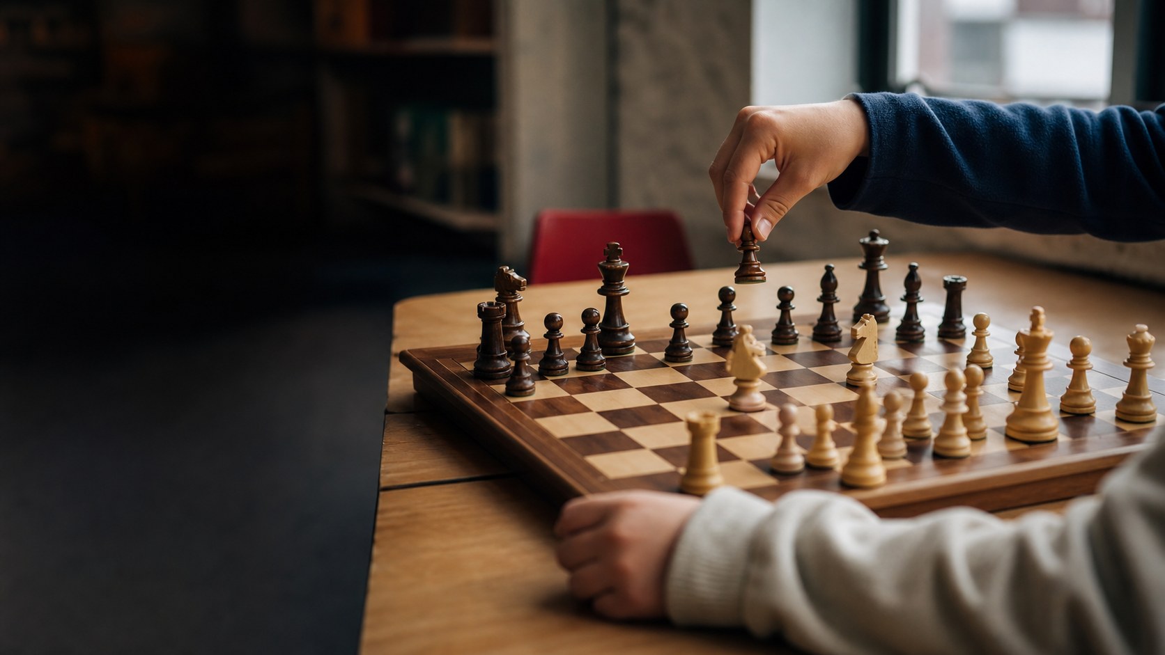 两位学员在棋盘前思考下一步