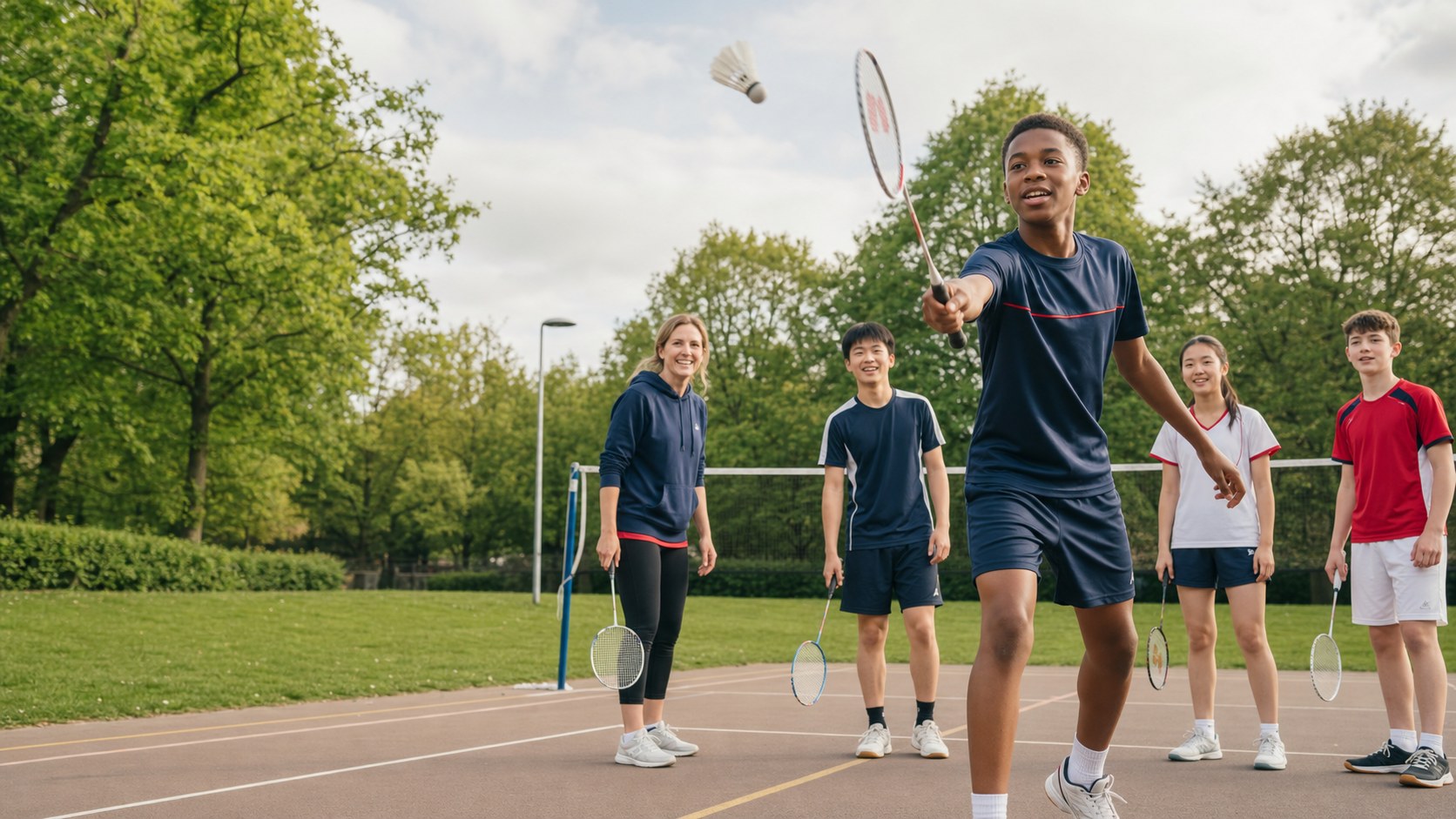 A local coach guiding a diverse junior badminton group on an outdoor court