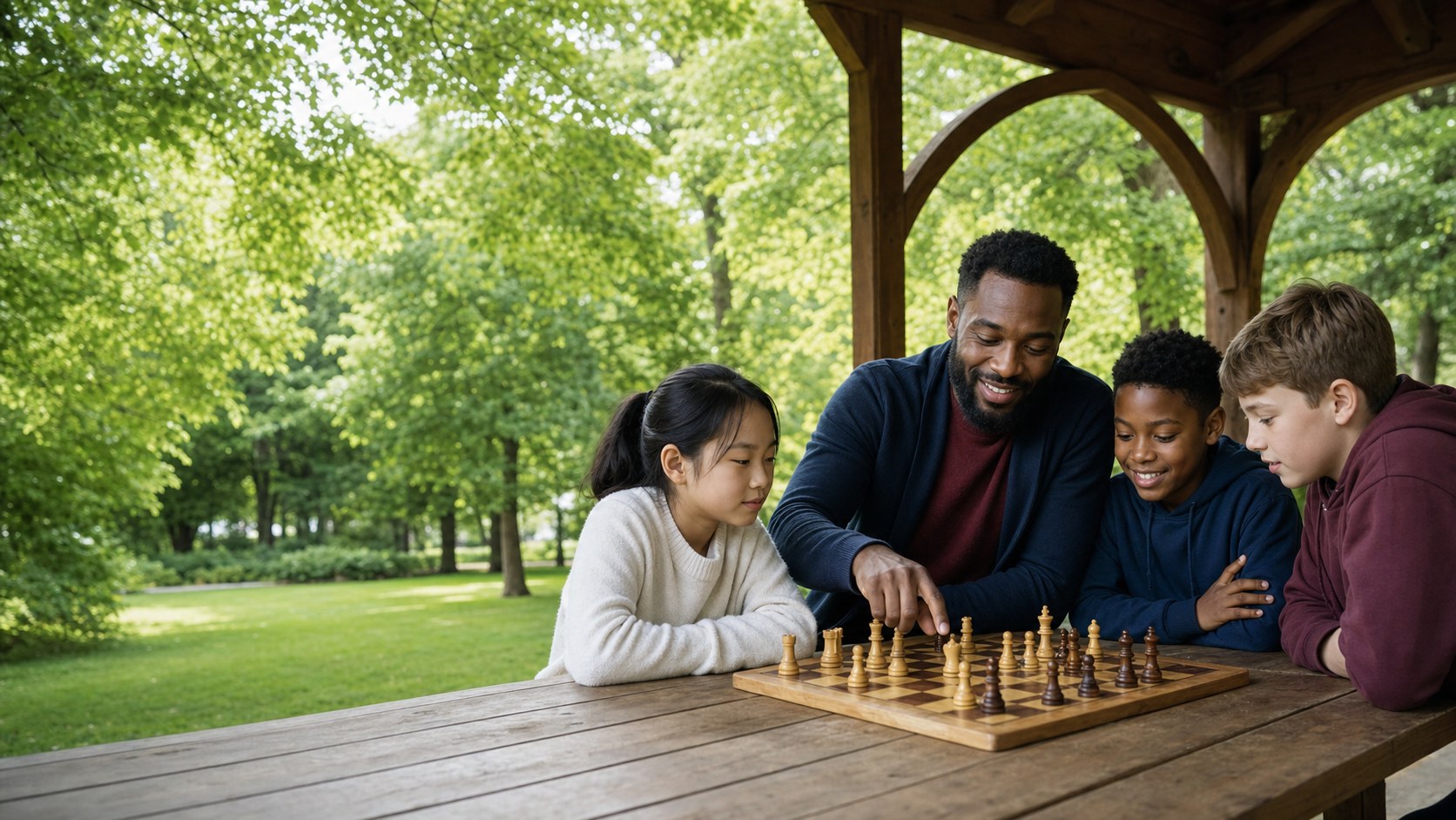A local coach helping a diverse group of children learn chess in a park pavilion
