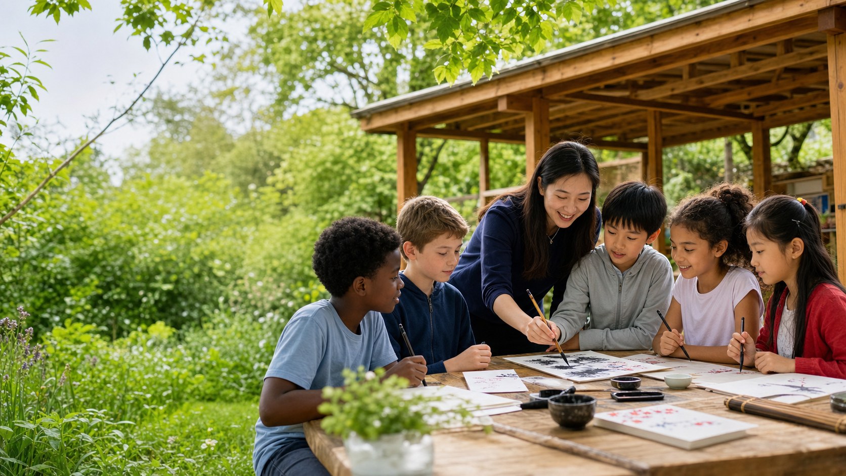 A Chinese teacher leading a diverse group of children in an outdoor learning activity